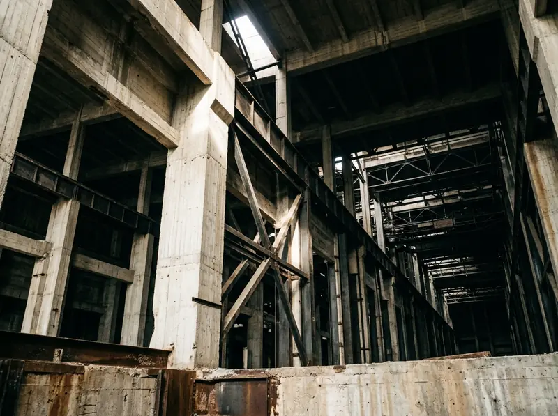 Industrial infrastructure receding into shadow, hard edges against a pale sky