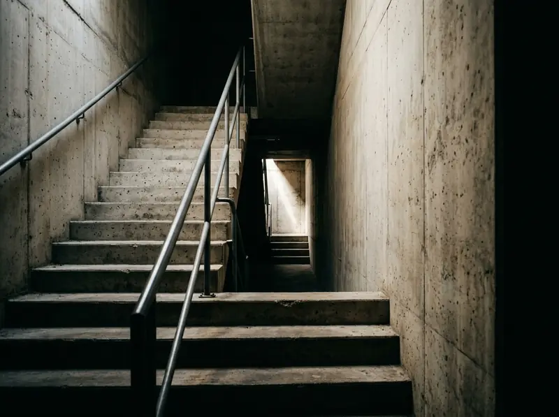 Una escalera de hormigón visto que sube hacia una franja de luz dura
